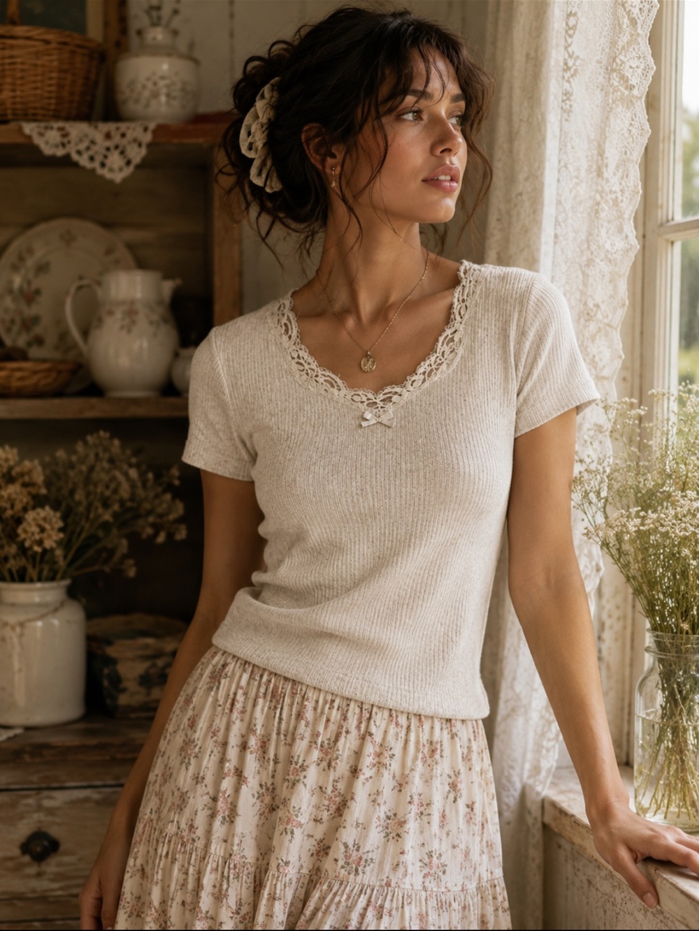 Cream Lace-Trim Short Sleeve Knit Top